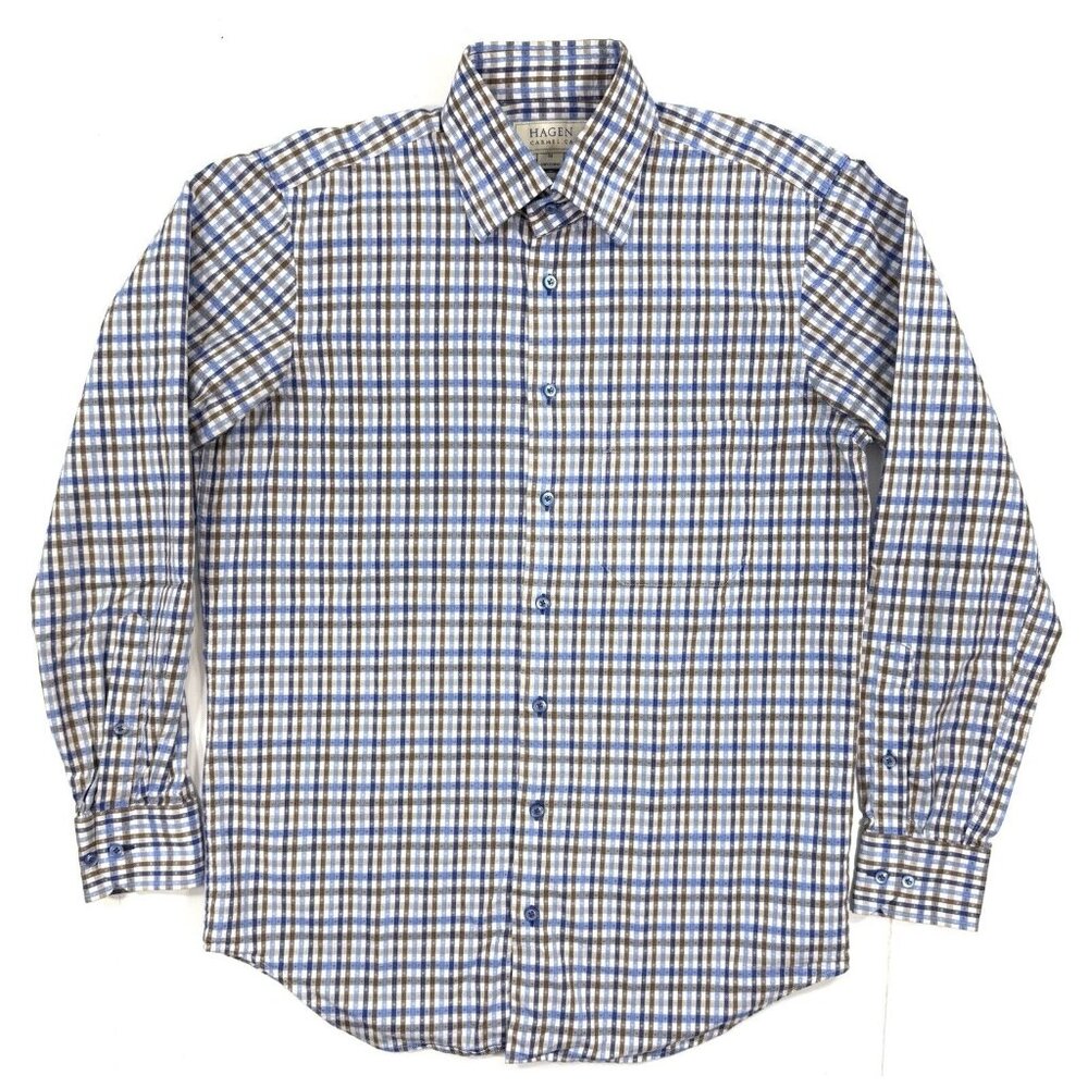 Hagen Carmel CA Shirt Mens Size Medium Blue Brown Check Stripes Business Preppy